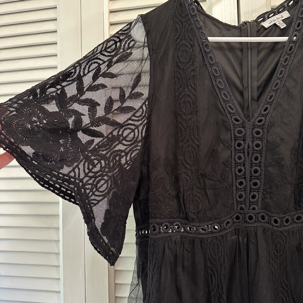white birch Black Lace V-Neck Dress with Sheer Floral Sleeves